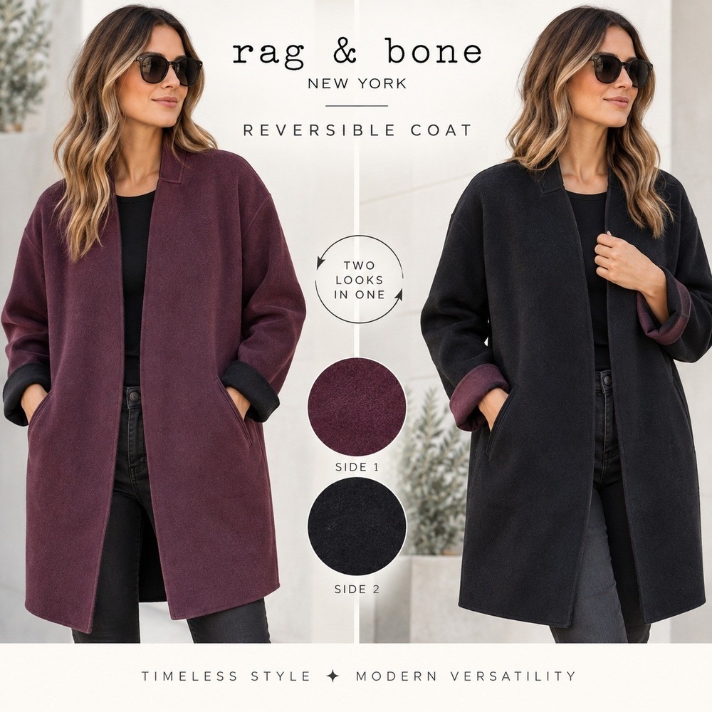 Rag & Bone Reversible Wool Blend Coat Burgundy Black Open Front Size 10